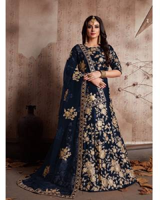 Blue embroidered velvet semi stitched lehenga 2