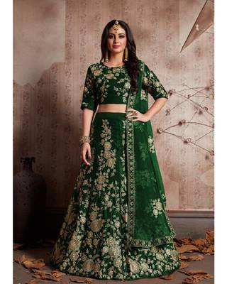 Green embroidered velvet semi stitched lehenga 1