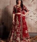 Maroon embroidered velvet semi stitched lehenga