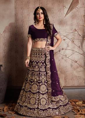 Wine embroidered velvet semi stitched lehenga 1