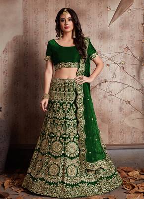 Green embroidered velvet semi stitched lehenga 1