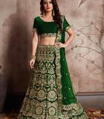 Green embroidered velvet semi stitched lehenga