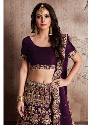 Wine embroidered velvet semi stitched lehenga 4