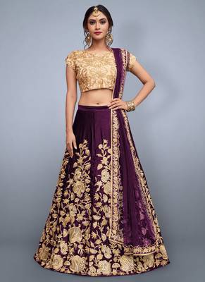 Wine embroidered velvet semi stitched lehenga 1