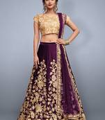 Wine embroidered velvet semi stitched lehenga