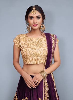 Wine embroidered velvet semi stitched lehenga 2