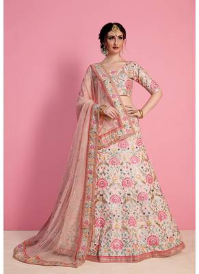 Peach embroidered art silk semi stitched lehenga 1