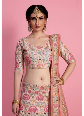 Peach embroidered art silk semi stitched lehenga 2