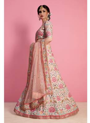 Peach embroidered art silk semi stitched lehenga 3