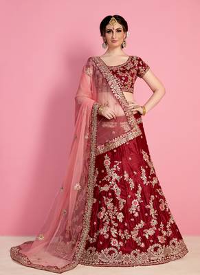 Maroon embroidered velvet semi stitched lehenga 1