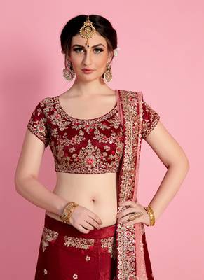Maroon embroidered velvet semi stitched lehenga 3