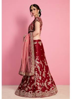 Maroon embroidered velvet semi stitched lehenga 4
