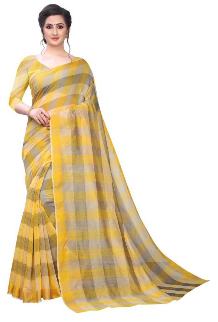 yellow woven checks Cotton Silk Saree with blouse