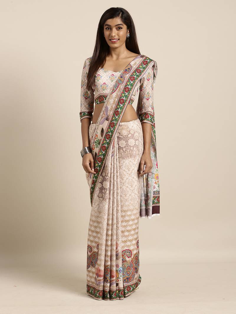 Multicolor printed linen saree with blouse