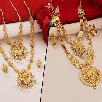 Gold Plated Traditional Designer Temple Long Jewellery Set For Women Girl 1