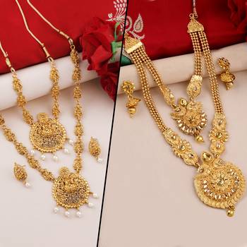 Gold Plated Traditional Designer Temple Long Jewellery Set For Women Girl 1