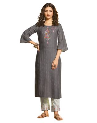 Grey Color Embroidred straight Soft Blend Cotton Kurta set with pant 1