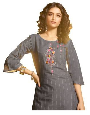 Grey Color Embroidred straight Soft Blend Cotton Kurta set with pant 3