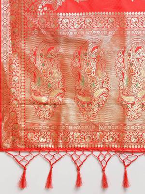 Red woven semi silk saree  with blouse 4