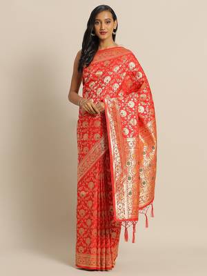 Red woven semi silk saree  with blouse 1