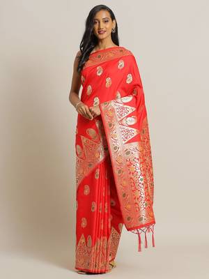 Red woven semi silk saree  with blouse 1