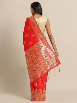 Red woven semi silk saree  with blouse 2
