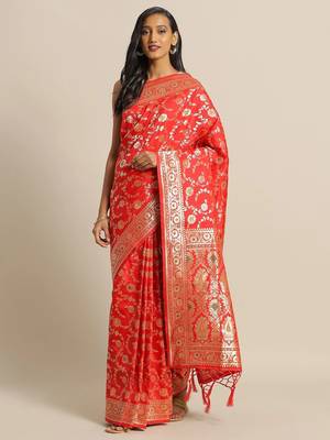 Red woven semi silk saree  with blouse 1