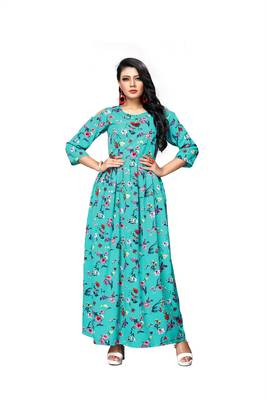 Aqua-blue printed crepe ethnic-kurtis 1