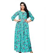 Aqua-blue printed crepe ethnic-kurtis