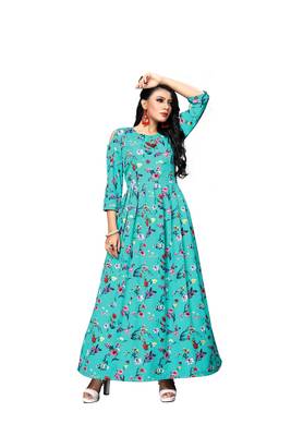 Aqua-blue printed crepe ethnic-kurtis 3