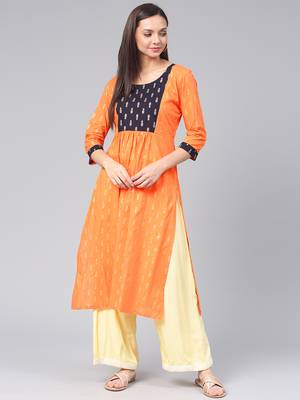 Orange printed cotton cotton-kurtis 1