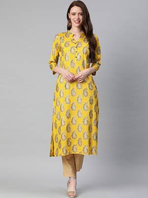 Yellow printed viscose rayon kurtas-and-kurtis 1