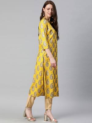 Yellow printed viscose rayon kurtas-and-kurtis 2