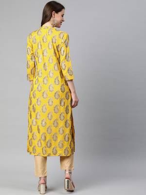 Yellow printed viscose rayon kurtas-and-kurtis 3