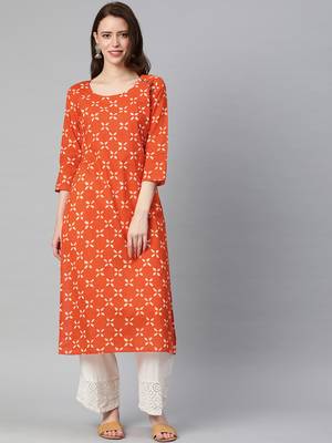Orange printed cotton cotton-kurtis 1