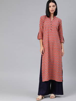 Orange printed cotton cotton-kurtis 1