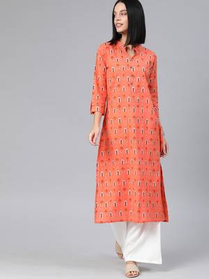 Orange printed cotton cotton-kurtis 1