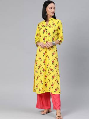 Yellow printed cotton cotton-kurtis 1