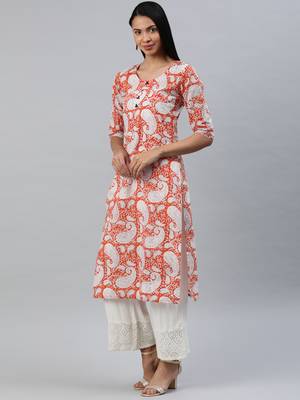 Orange printed cotton cotton-kurtis 1