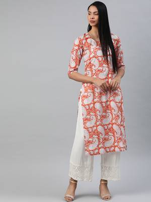 Orange printed cotton cotton-kurtis 2