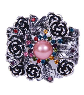 Floral Silver Oxidized Multicolor Beads Ethnic Bracelet 1