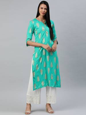 Sea-green printed viscose rayon kurtas-and-kurtis 1