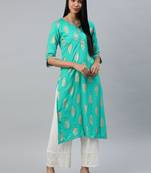 Sea-green printed viscose rayon kurtas-and-kurtis