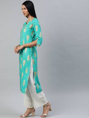 Sea-green printed viscose rayon kurtas-and-kurtis 2