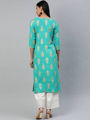 Sea-green printed viscose rayon kurtas-and-kurtis 3