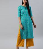 Sea-green printed cotton cotton-kurtis