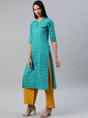 Sea-green printed cotton cotton-kurtis 2