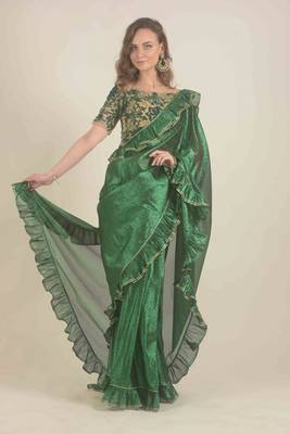  Hand woven bottle green linen saree  1