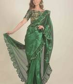  Hand woven bottle green linen saree 