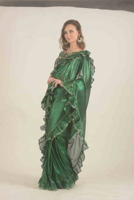  Hand woven bottle green linen saree  2